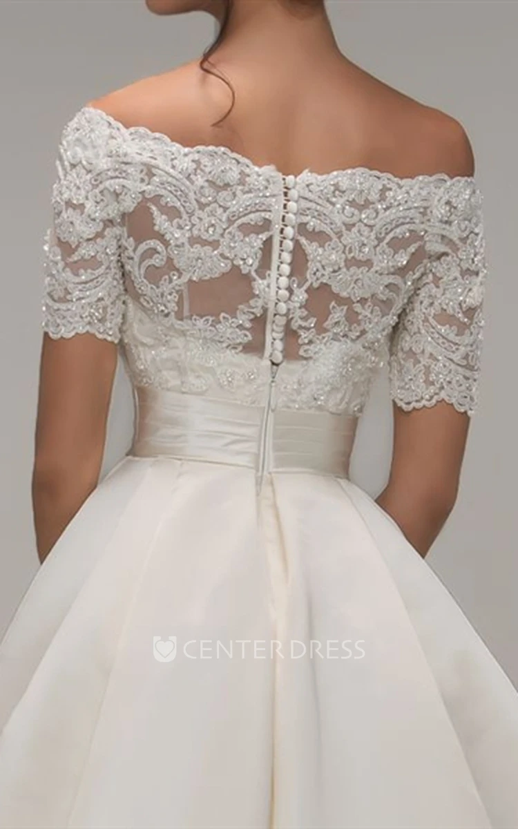 A-Line Off-The-Shoulder Short-Sleeve Satin Wedding Dress With Illusion