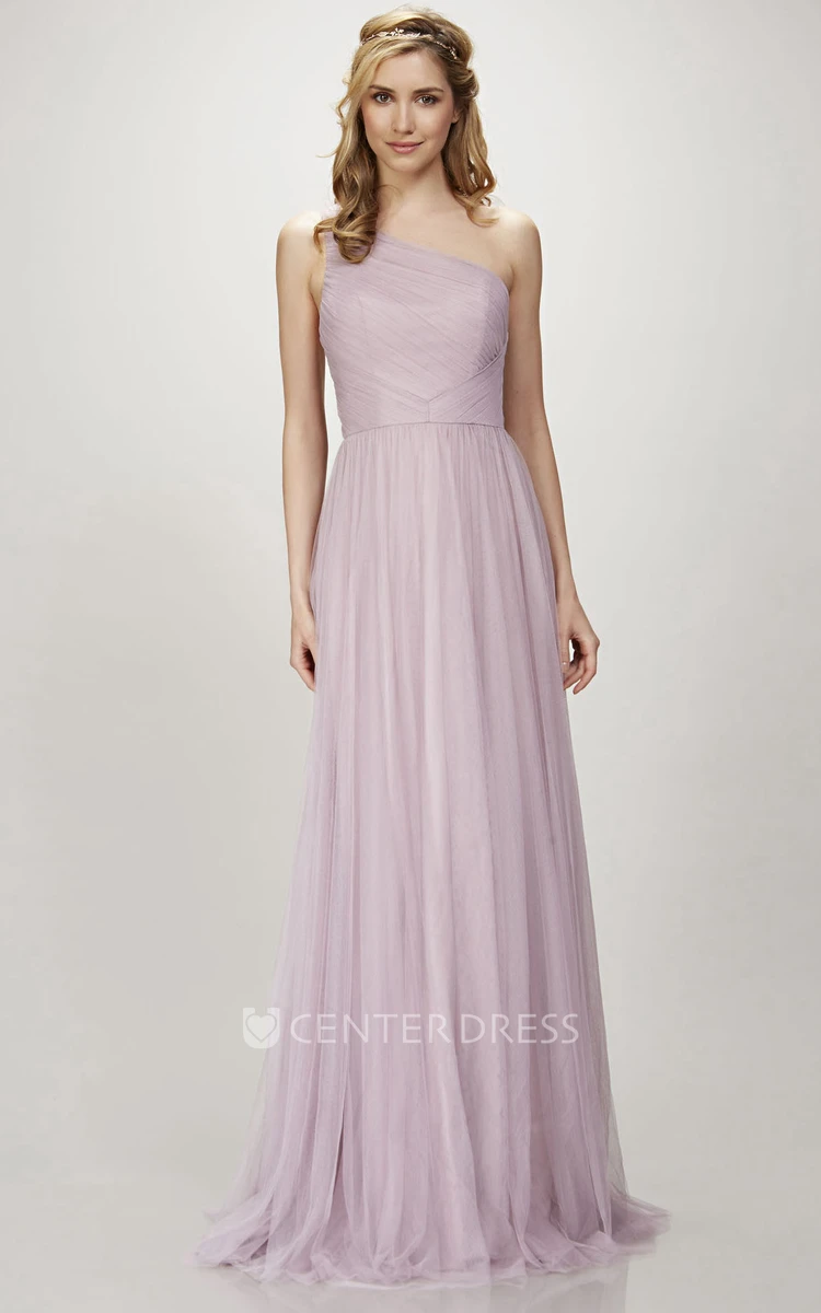 One-Shoulder Sleeveless Ruched Tulle Bridesmaid Dress With Brush Train
