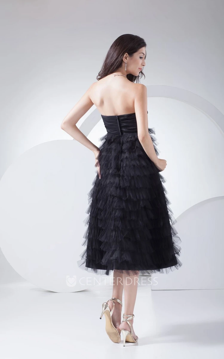 Sweetheart A-Line Tea-Length Tulle Formal Dress With Tiers and Ruching