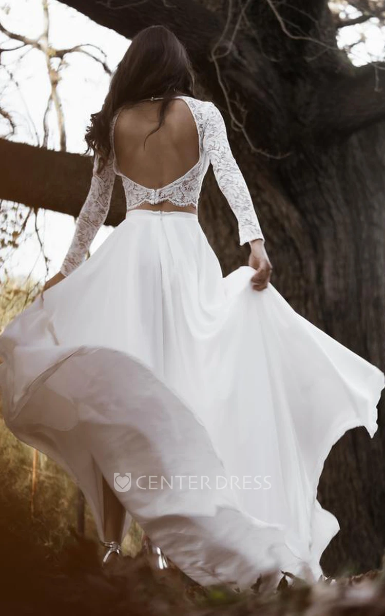 Chic Two Piece Bateau Chiffon Lace Long Sleeve Wedding Dress with Keyhole Back and Split Front