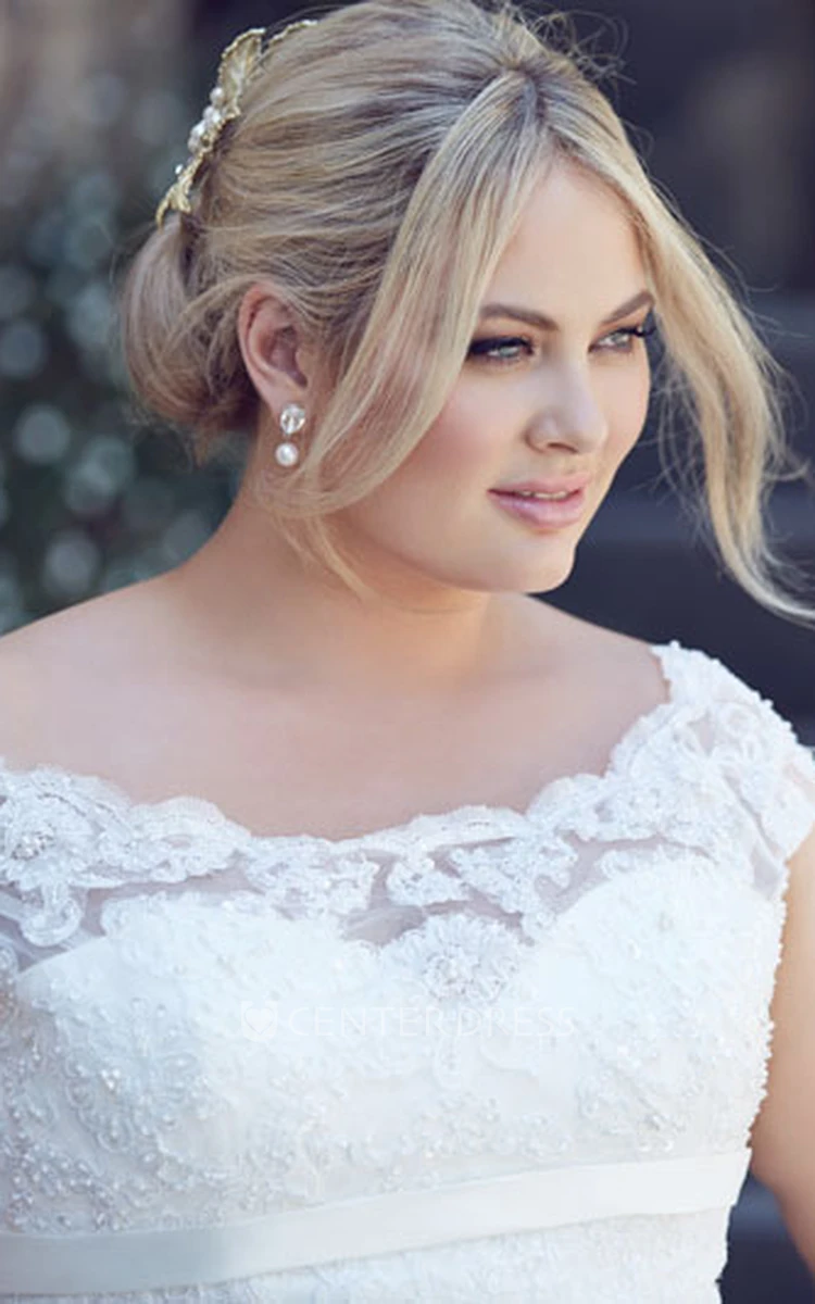 Off-The-Shoulder Lace Plus Size Wedding Dress With Lace Up