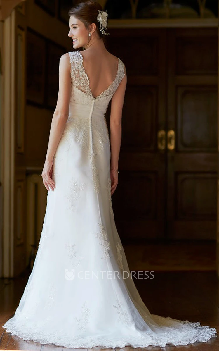 A-Line Bateau Appliqued Maxi Sleeveless Lace Wedding Dress With Low-V Back And Sweep Train