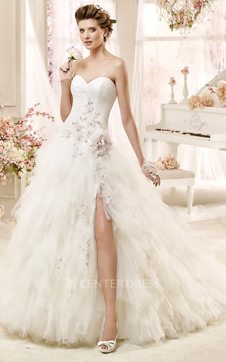 Sweetheart Side-split A-line Wedding Dress with Ruching Skirt and Flowers