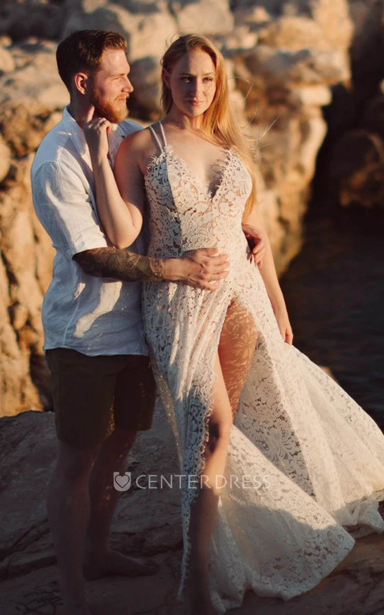 A-Line Lace Spaghetti V-Neck Sleeveless Wedding Dress with Split Front Simple Elegant Beach Dress