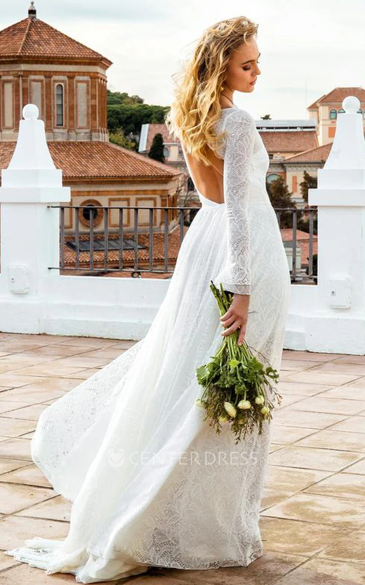 Boho A Line Scoop Neck Lace Floor-length Long Sleeve Wedding Dress with Keyhole Back