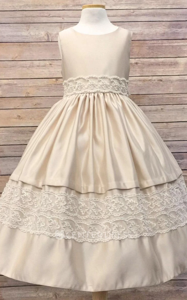 Tea-Length Tiered Sequined Tulle&Lace Flower Girl Dress