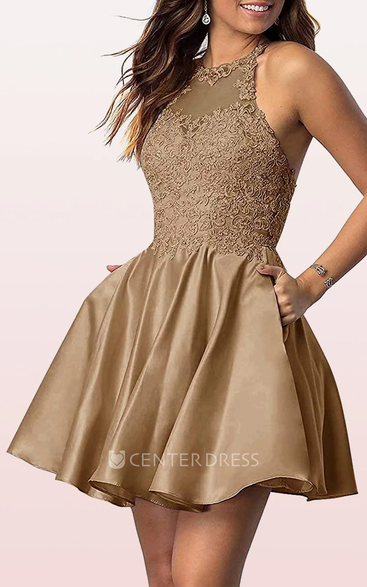 Sexy A Line Satin Lace Jewel Sleeveless Homecoming Dress with Appliques