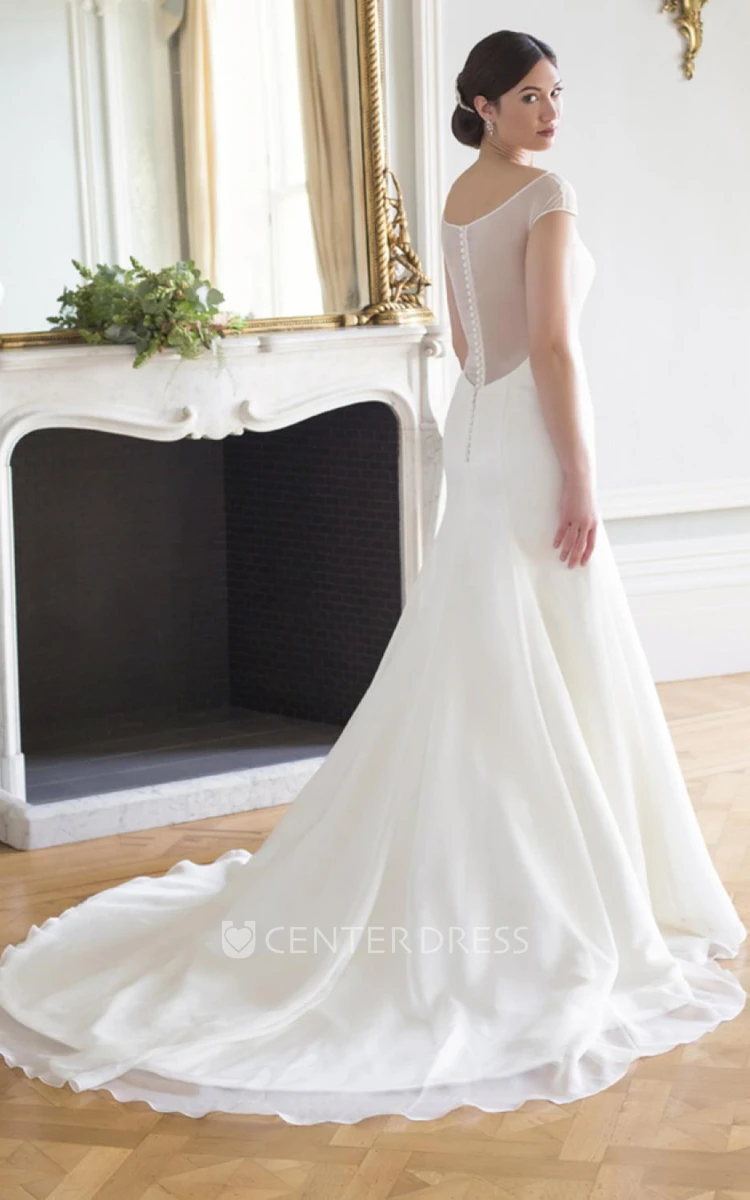 A-Line Scoop-Neck Short-Sleeve Tulle&Satin Wedding Dress With Illusion
