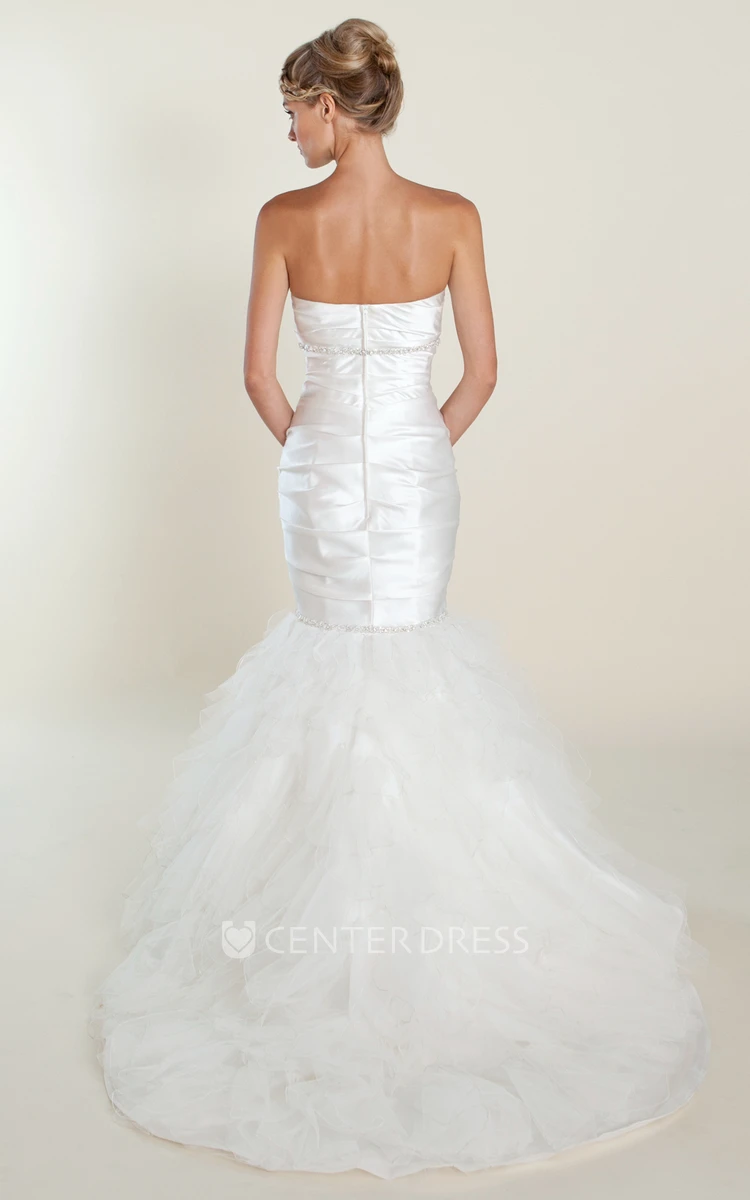 Trumpet Sleeveless Ruched Long Strapless Satin Wedding Dress With Beading And Ruffles