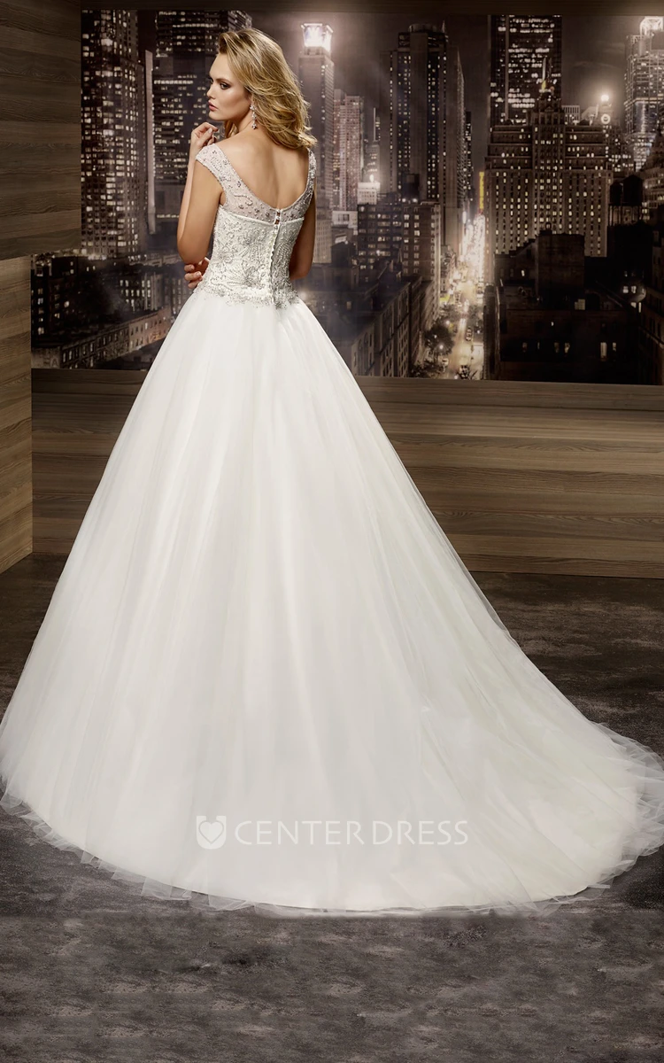 V-Neck A-Line Brush-Train Bridal Gown With Beaded Bodice And Cap Sleeves