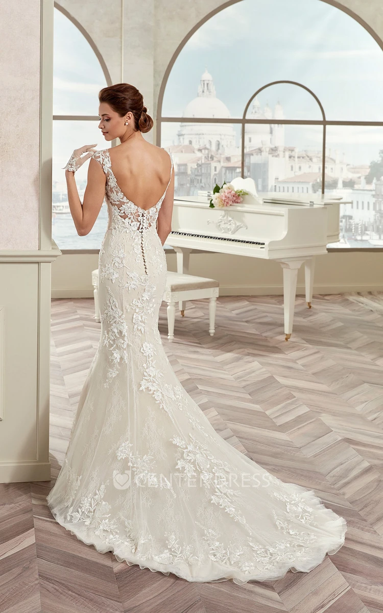 Cap Sleeve Sheath Mermaid Bridal Gown With Illusive Neckline And Open Back