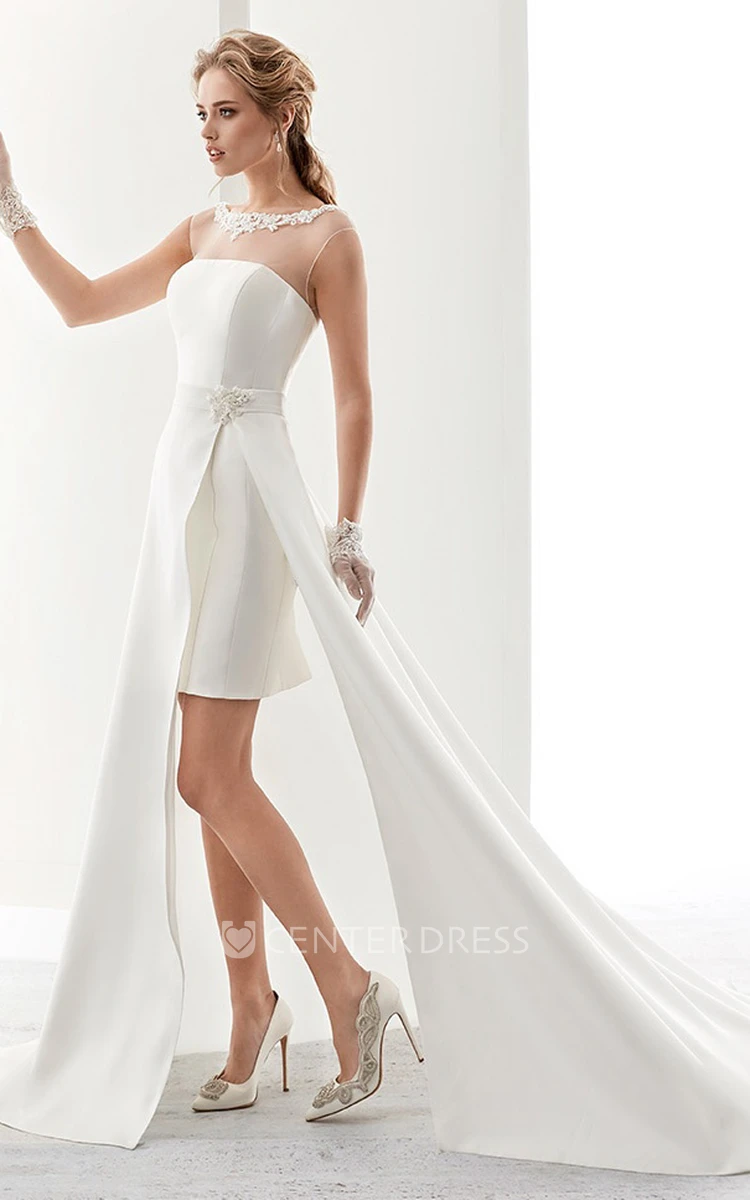 Cap Sleeve Illusion Short Satin Wedding Dress With Detachable Side-Split Overlayer And Appliques Neckline