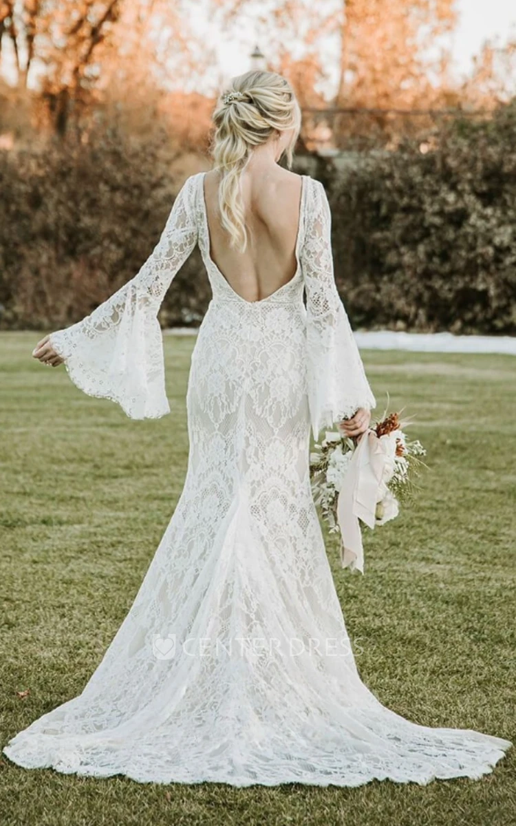 Bohemian Elegant Petal Plus Size Lace Long Sleeve Wedding Dress