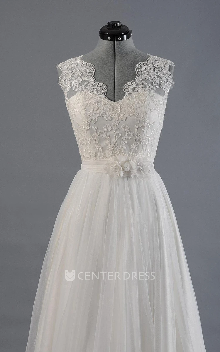 V-Neck Sleeveless Long A-Line Dress With Alencon Lace With Tulle Skirt.