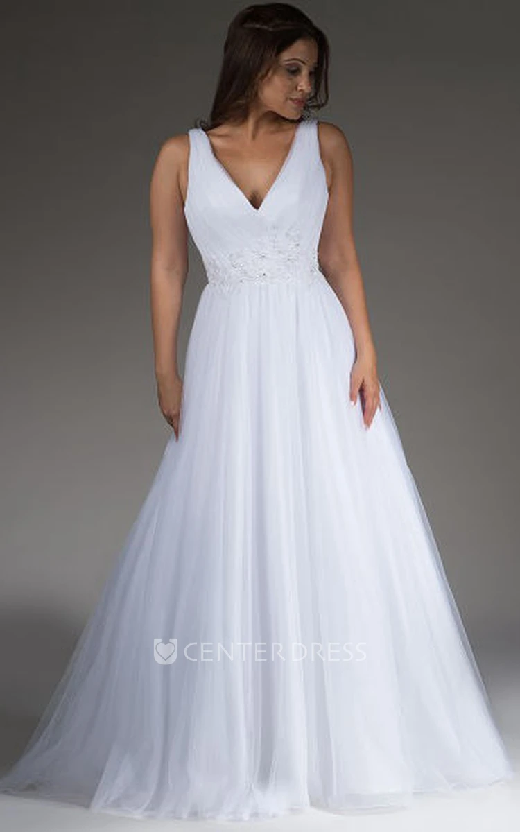 V Neck Pleated A-Line Tulle Bridal Gown With Crystal Waist