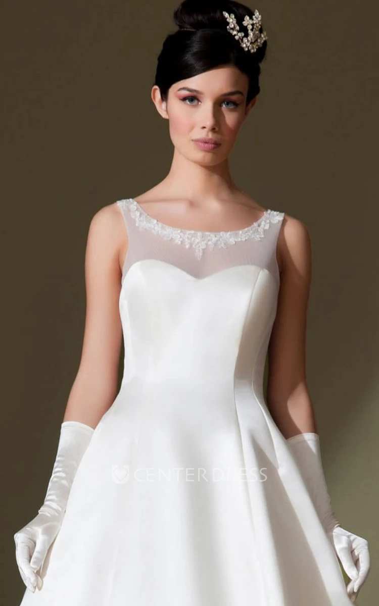 A-Line Appliqued Sleeveless Long Bateau Satin Wedding Dress With Low-V Back