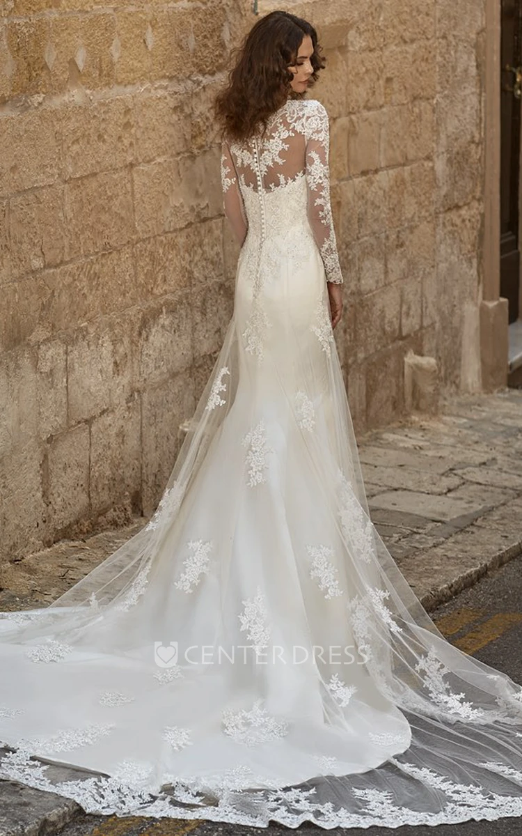 A-Line Appliqued Scoop-Neck Floor-Length Long-Sleeve Lace Wedding Dress