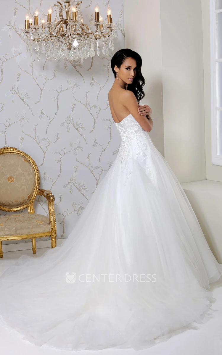 Long Sweetheart Beaded Tulle Wedding Dress With Chapel Train And Lace-Up