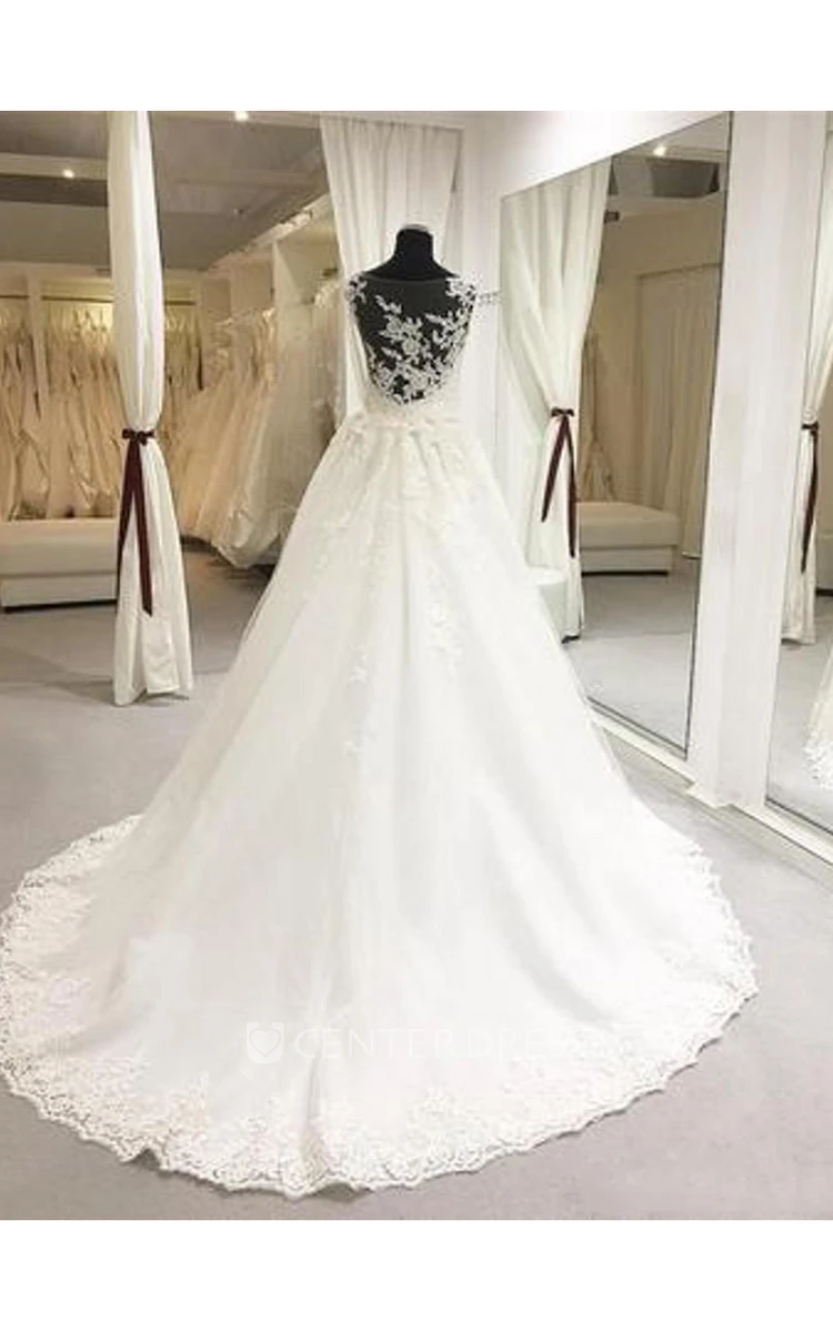 Lace Illusion Back Delicate Appliques Scoop-Neck A-Line Wedding Dress With Brush Train