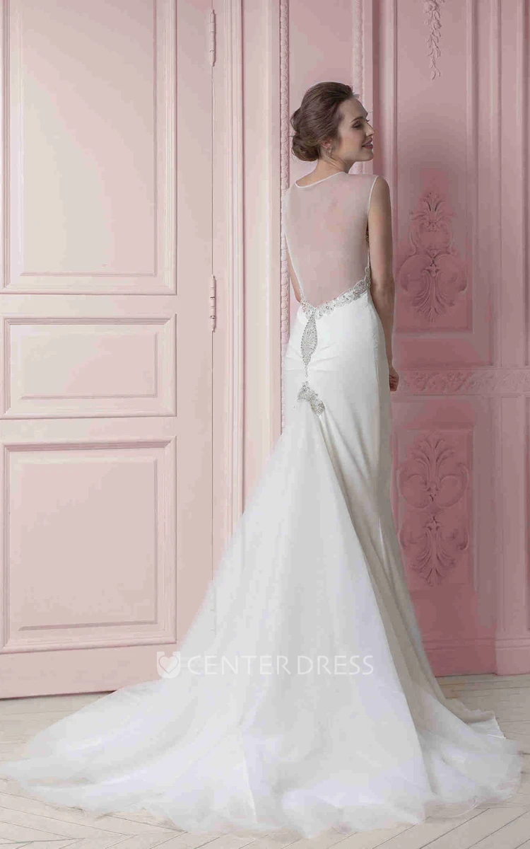 Sheath Floor-Length Beaded Sleeveless Jewel-Neck Stretched Satin&Tulle Wedding Dress