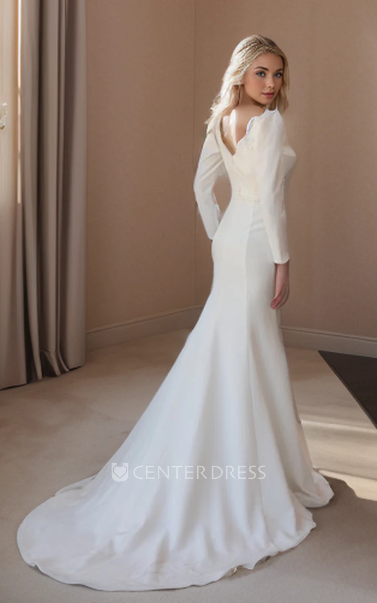Gorgeous Scalloped Neckline Long Sleeve Belt Back Low-V Satin Solid Mermaid Trailing Bridal Gown