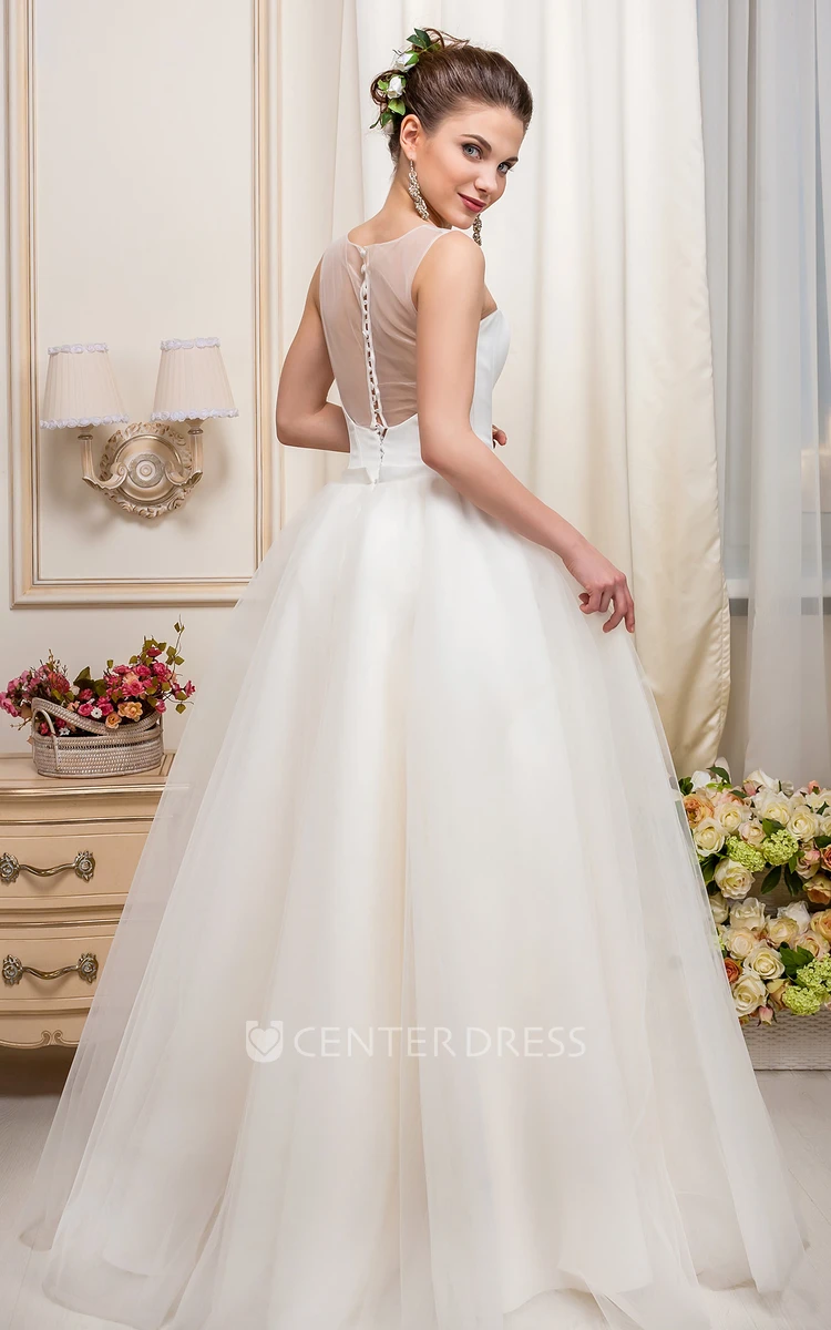 A-Line Scoop-Neck Floor-Length Tulle&Satin Wedding Dress