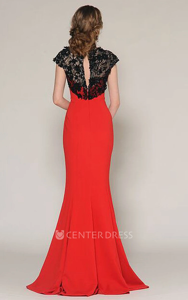 Mermaid Lace Cap-Sleeve Jewel-Neck Floor-Length Jersey Prom Dress
