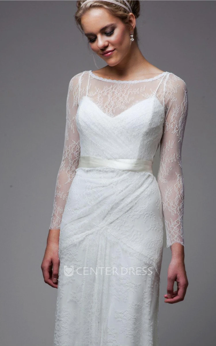 Bateau Illusion Sleeve Sheath Lace Wedding Dress With Sash And Low-V Back