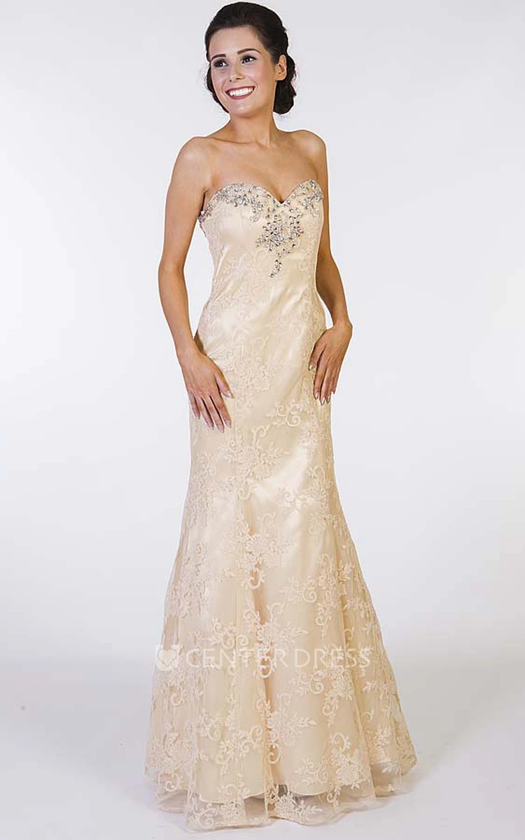 A-Line Beaded Sweetheart Floor-Length Sleeveless Lace Prom Dress With Appliques