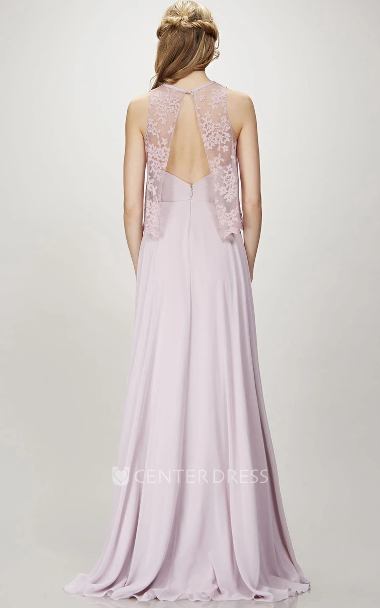 Sleeveless Lace Jewel Neck Chiffon Bridesmaid Dress With Deep-V Back