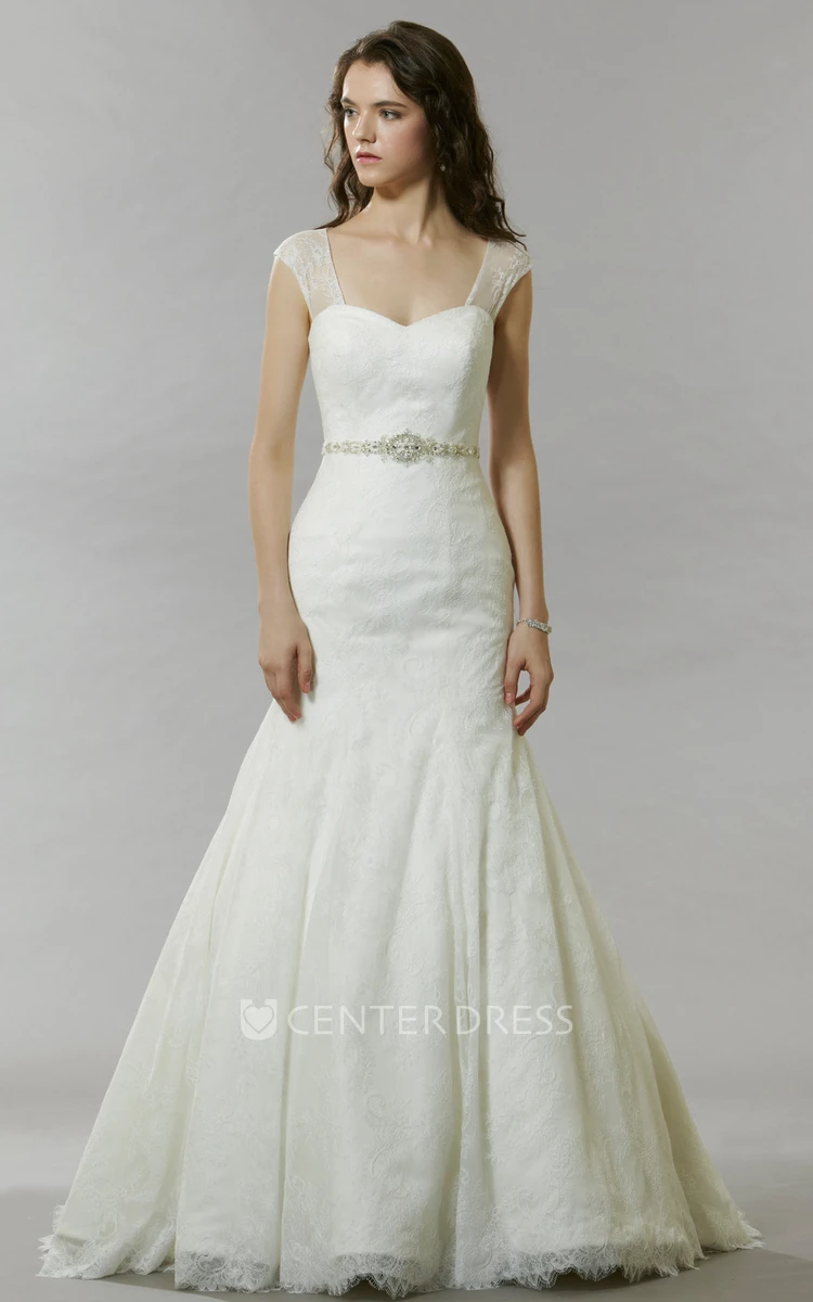 Trumpet Queen Anne Sleeveless Floor-Length Lace Wedding Dress With Waist Jewellery And Illusion