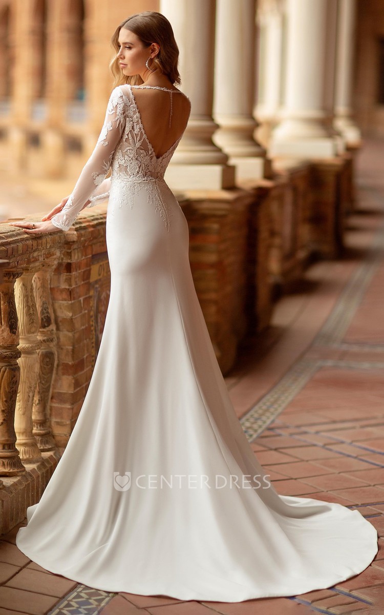 Satin and outlet lace wedding gown