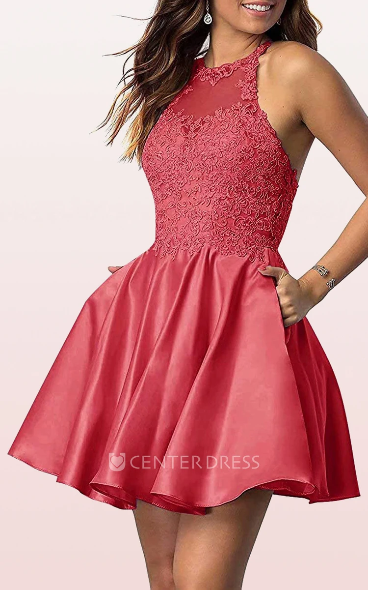 Adorable A Line Satin Lace Jewel Sleeveless Homecoming Dress with Pleats