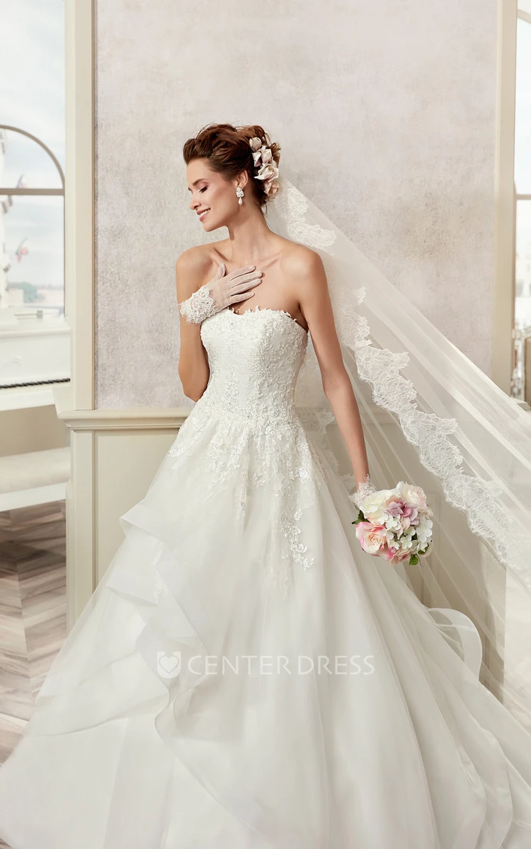 Strapless A-line Ruching Wedding Gown with Asymmetrical Ruffles and Appliques
