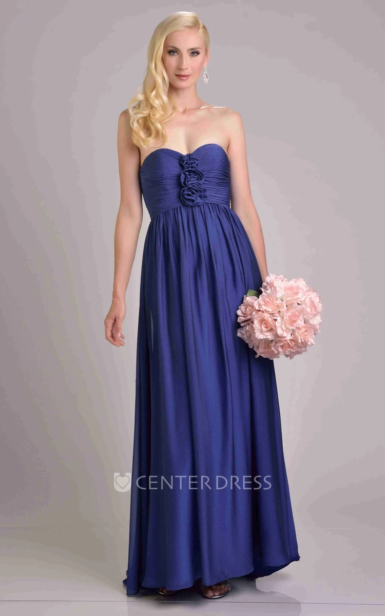 Chiffon Pleated Dress Featuring Sweetheart Neckline And Flowers