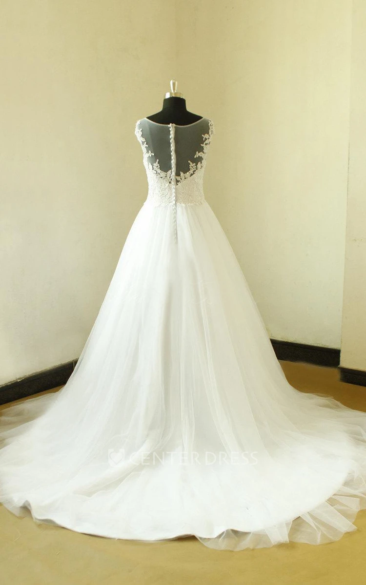 Bateau Neck Cap Sleeve Long A-Line Tulle Wedding Dress With Elegant Beading