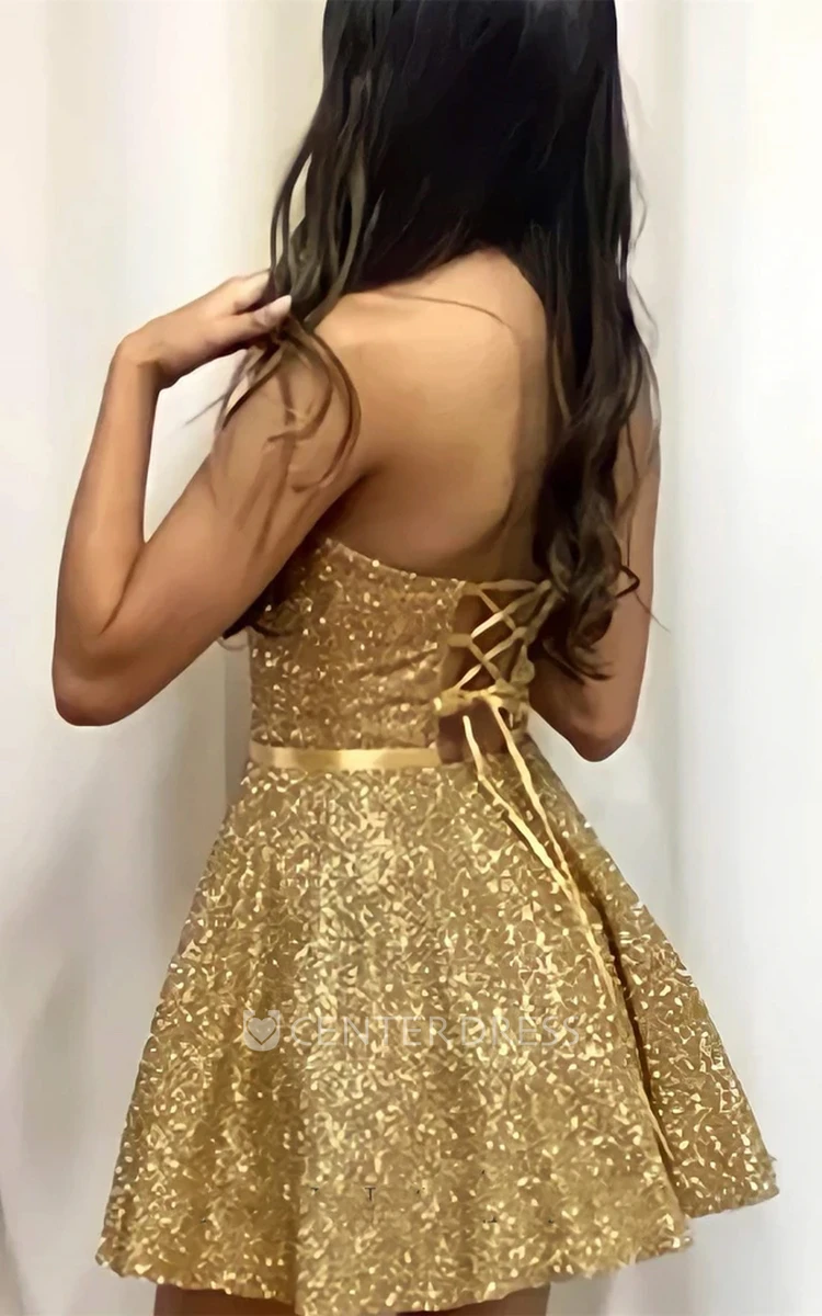 Casual Sequins Sleeveless Short A Line Prom Dress with Open Back