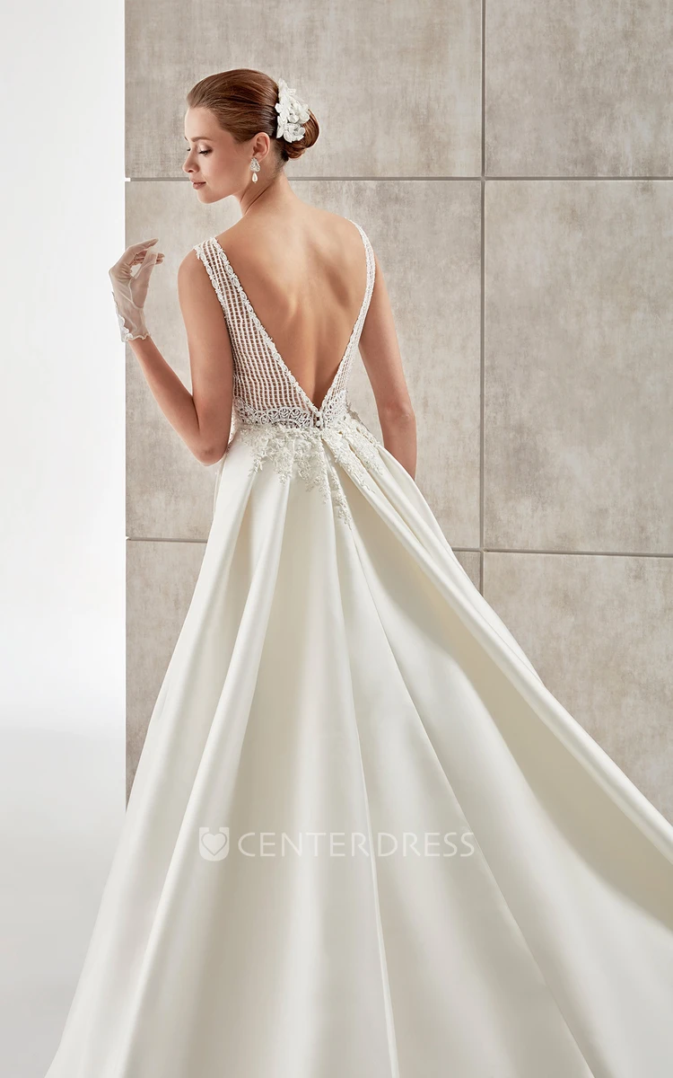 Jewel-Neck A-Line Satin Wedding Dress With Lace Bodice And Open Back