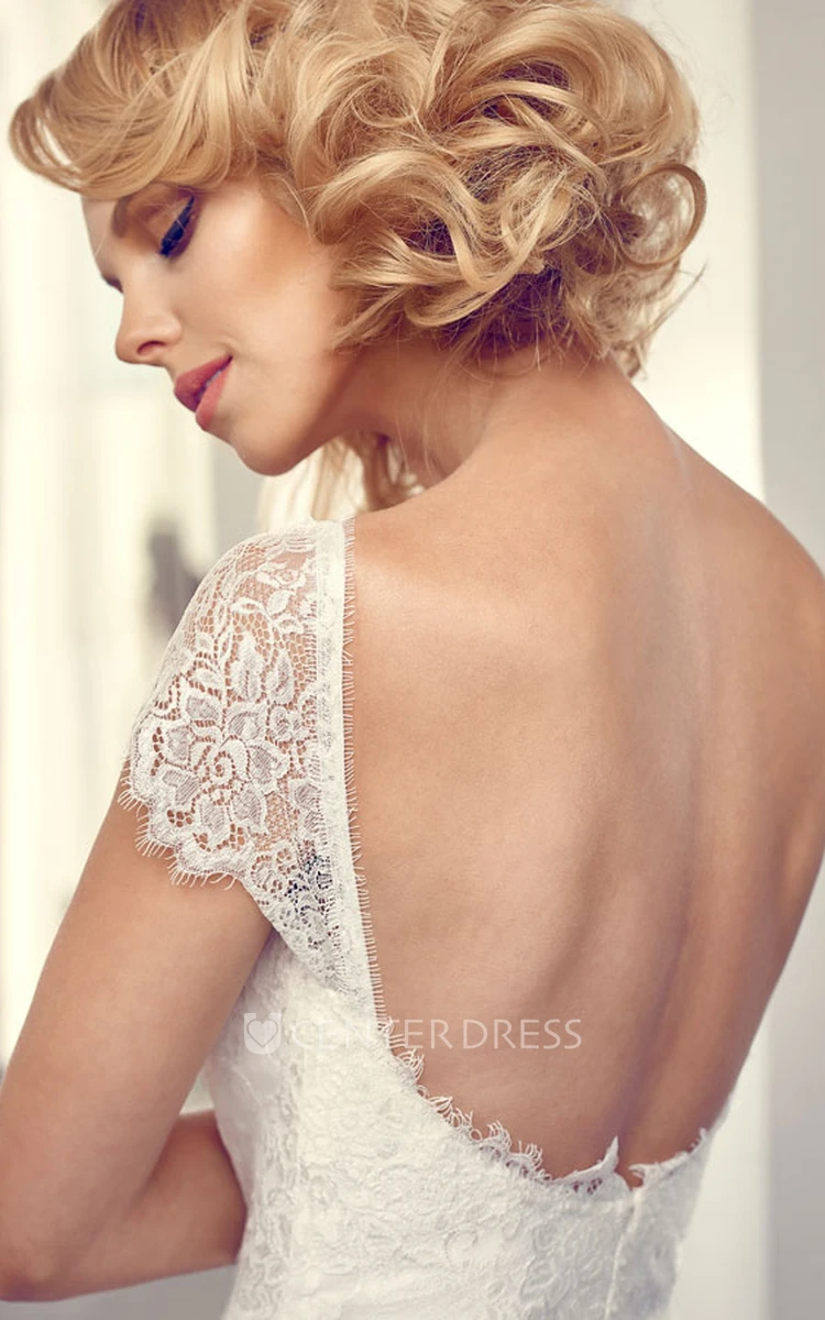 Long Square Cap-Sleeve Lace Chiffon Wedding Dress With V Back