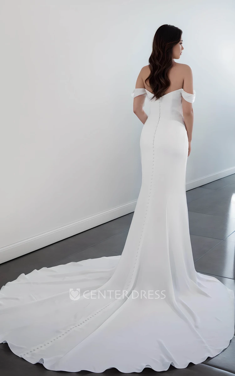 Minimalist Simple Mermaid Satin Off-the-Shoulder Draping Wedding Dress with Button Back and Chapel Train