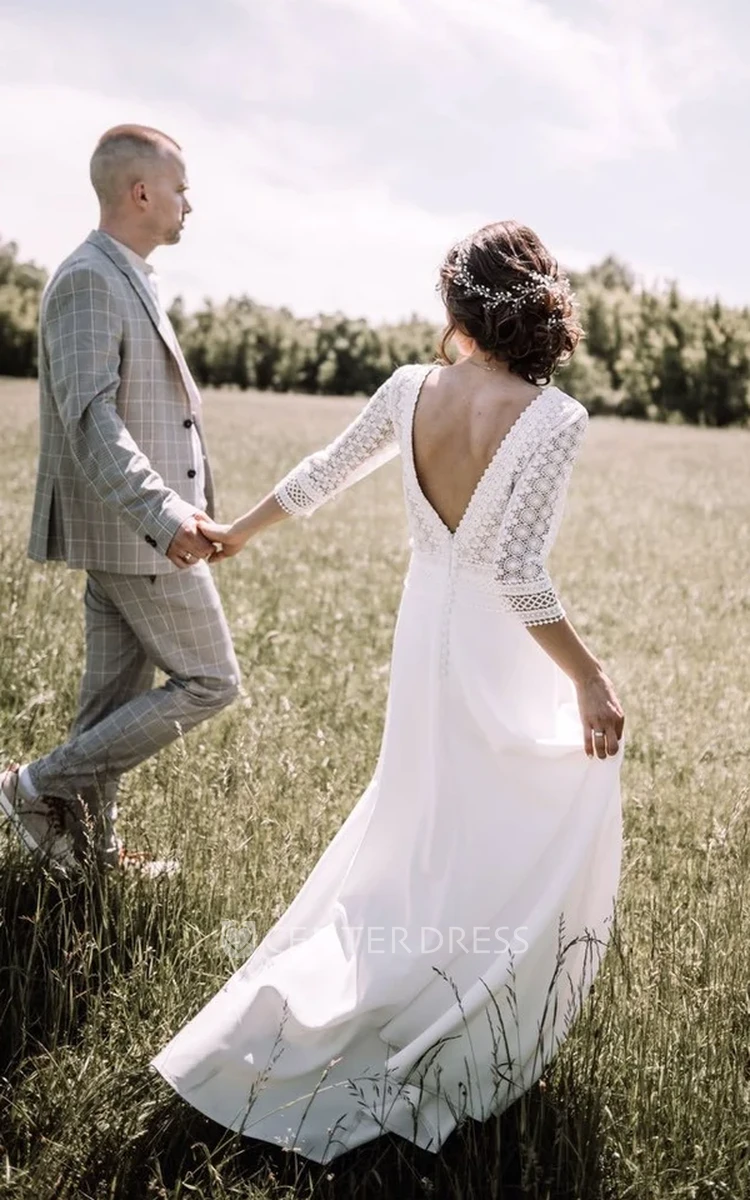 Country Lace Boho 3/4 Sleeve A Line Spring Wedding Dress Modern Deep V Back Floor Length Bridal Gown