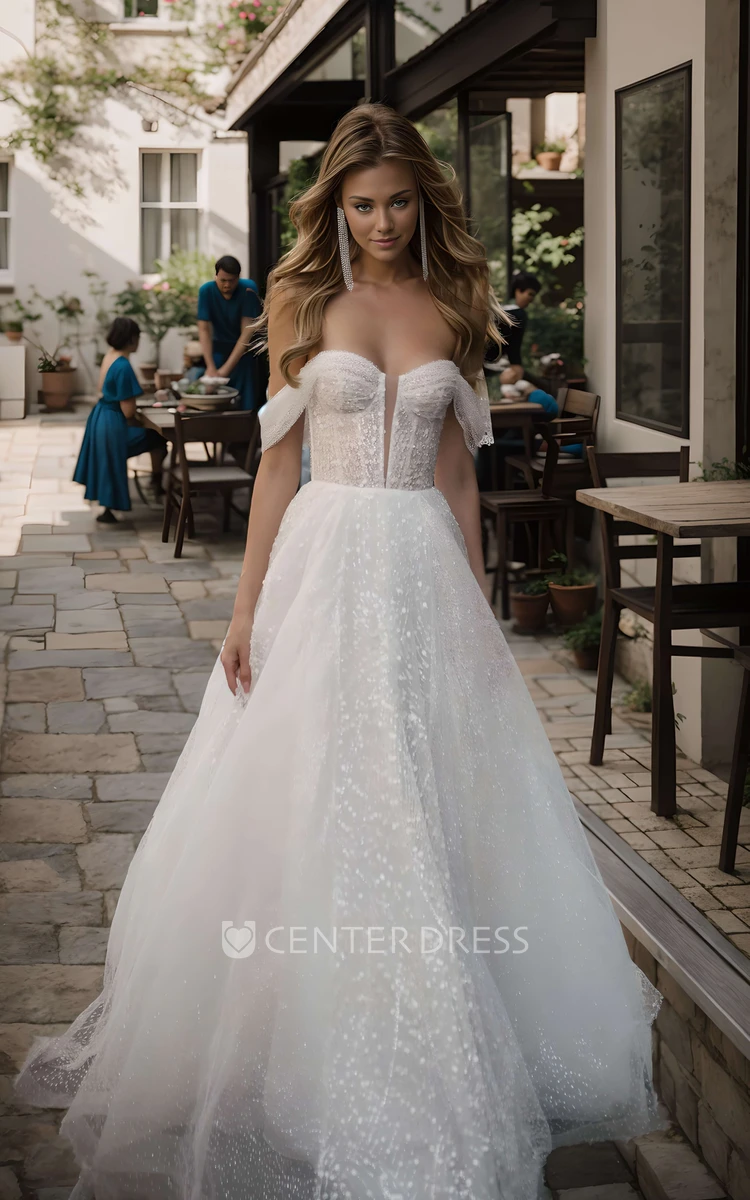 Elegant Boho A-Line Off-the-Shoulder Wedding Dress Sparkly Sequined Sleeveless Floor-Length Bridal Gown