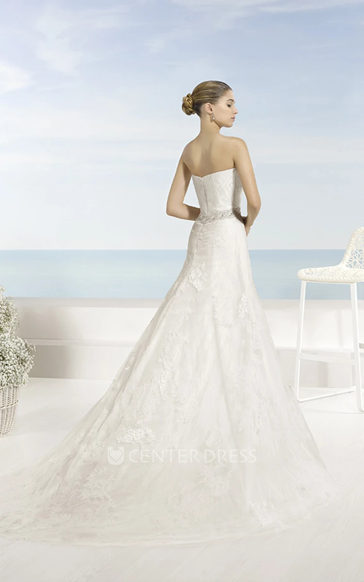 A-Line Sweetheart Long Appliqued Lace Wedding Dress With Criss Cross And Waist Jewellery