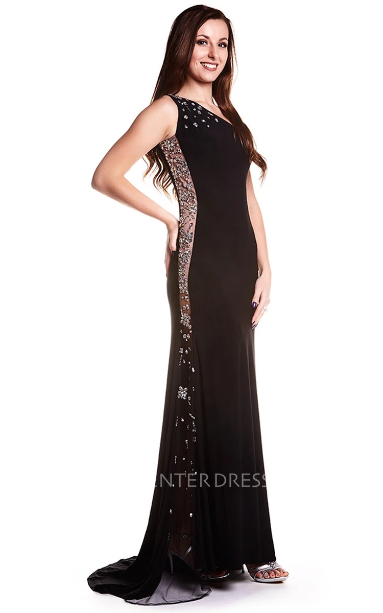 Long V-Neck Beaded Jersey Prom Dress With Sweep Train