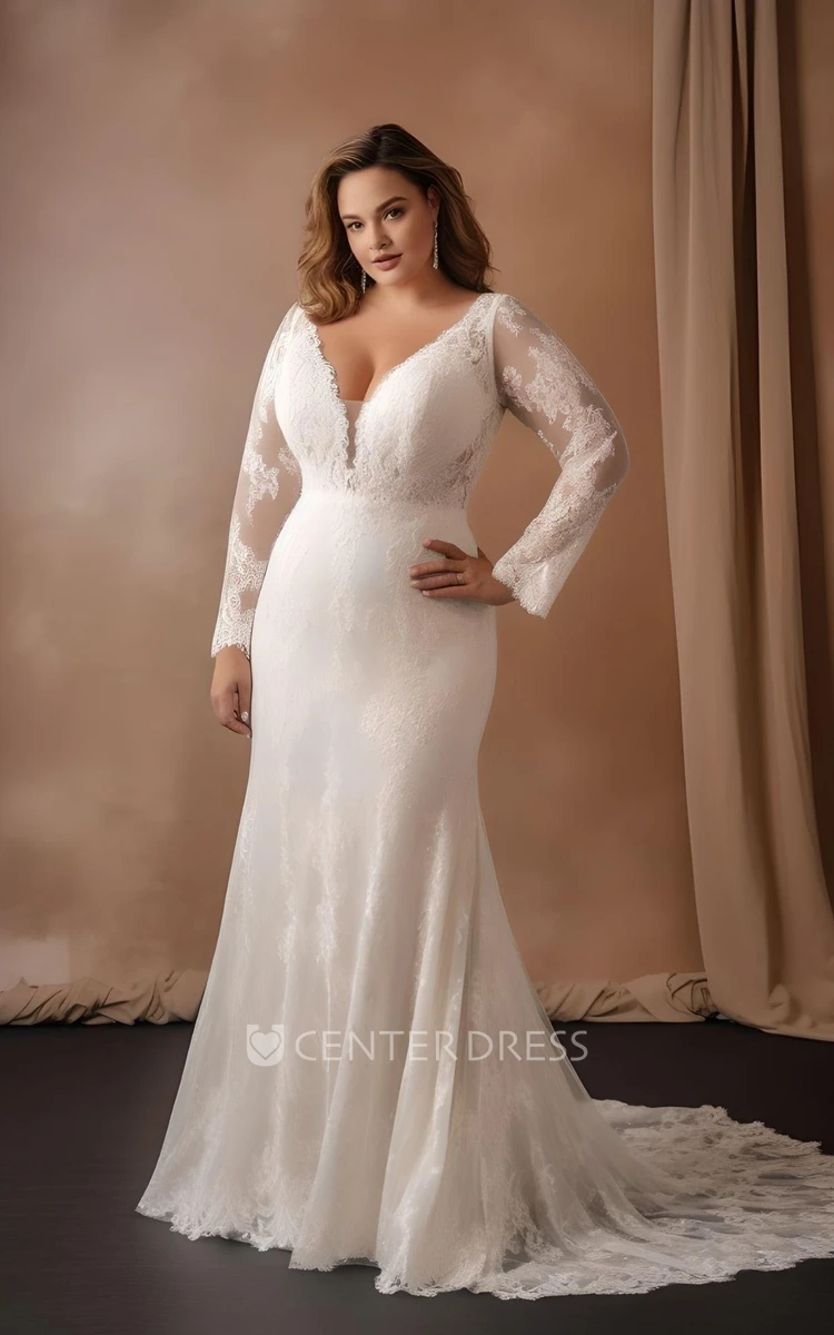 2024 Mermaid Chiffon Plus Size Wedding Dress Long Sleeve Romantic Plunging Neckline Garden