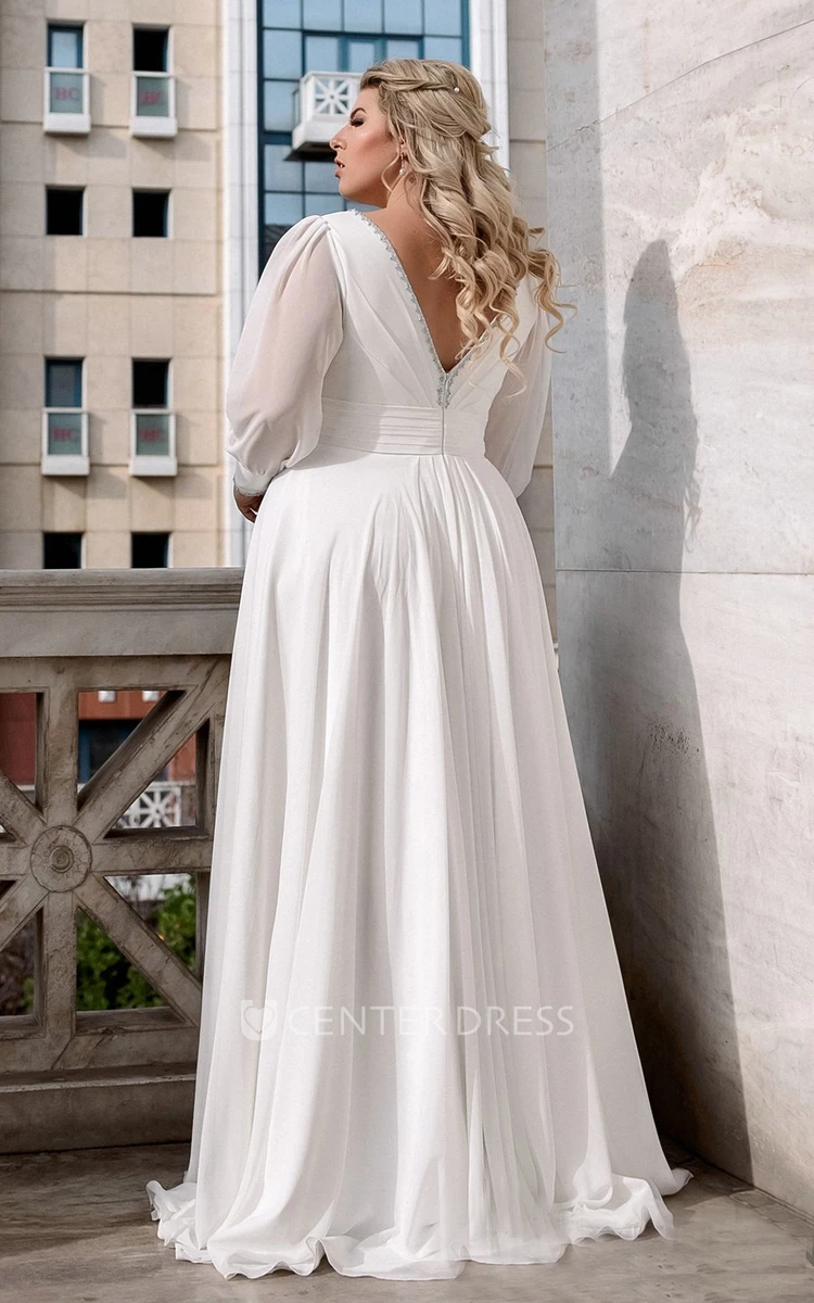 Chiffon V-neck A-Line Wedding Dress with Ruching Deep-V Back Flowy Bridal Gown