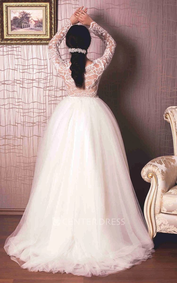 Bateau Floor-Length Lace Long-Sleeve Tulle Wedding Dress