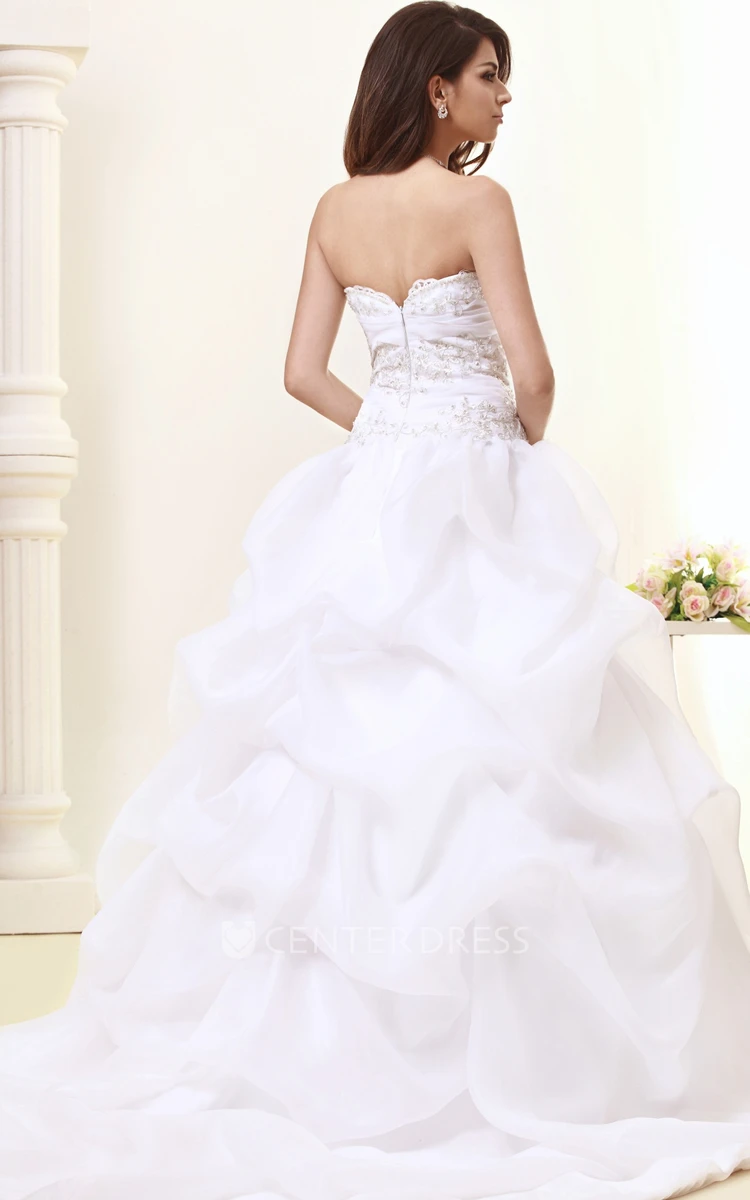 Strapless A-Line Organza Wedding Gown With Ruffles and Beading