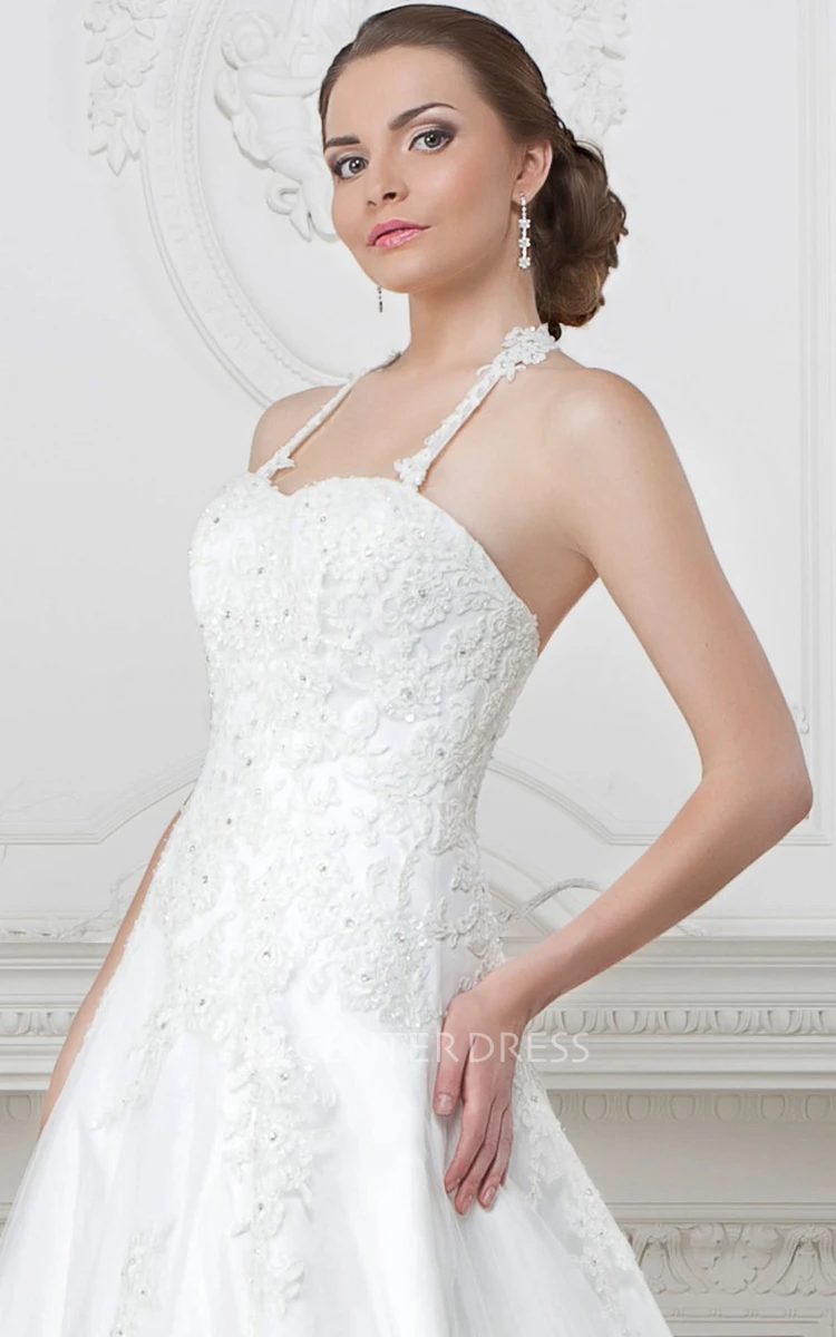 A-Line Floor-Length Spaghetti Appliqued Lace&Satin Wedding Dress