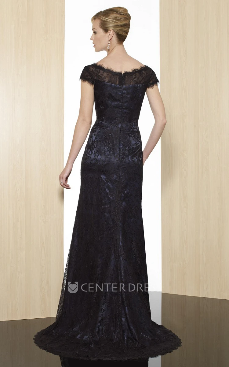 Sheath Cap-Short-Sleeve Appliqued Scoop Maxi Lace Formal Dress With Zipper Back And Sweep Train